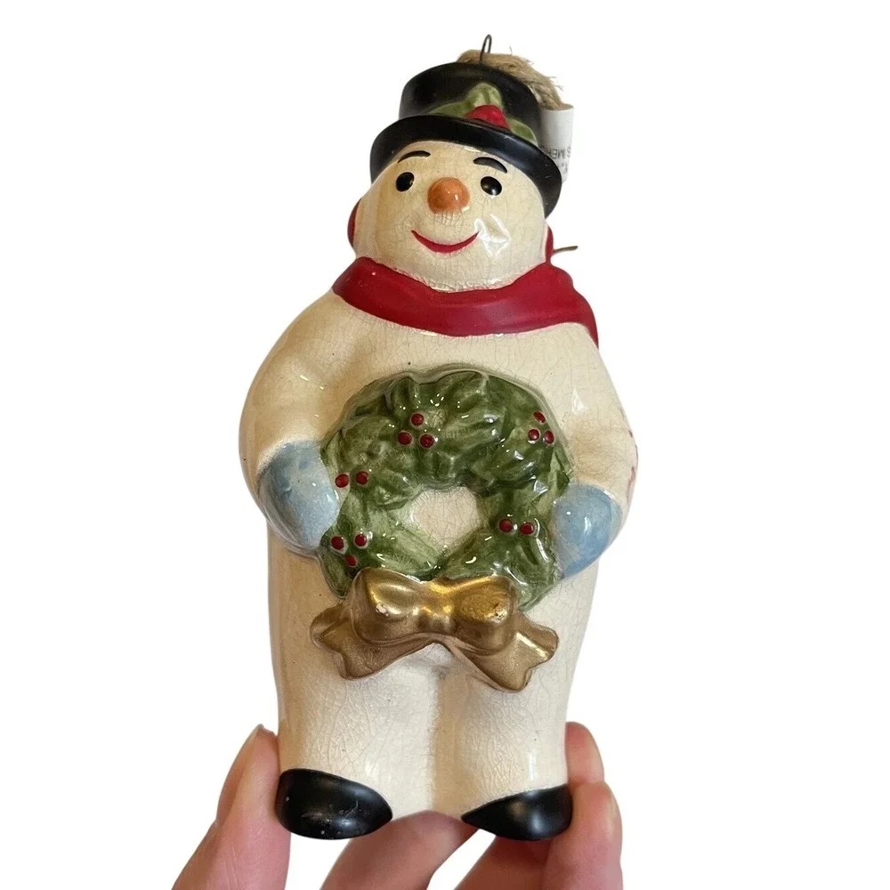 Lenox‎ Porcelain Snowman Christmas Tree Ornament Wreath Holly Top Hat Gold Bow